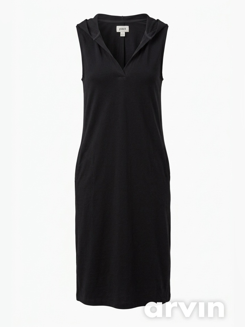Pact Black Organic Cotton Airplane Hooded Tank V-Neck Dress w/ Pockets - Sz S